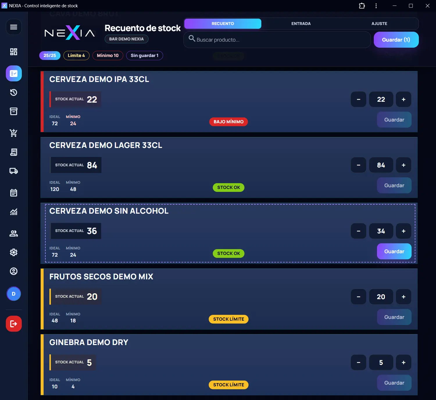 Captura real de la pantalla de recuento de stock de Nexia